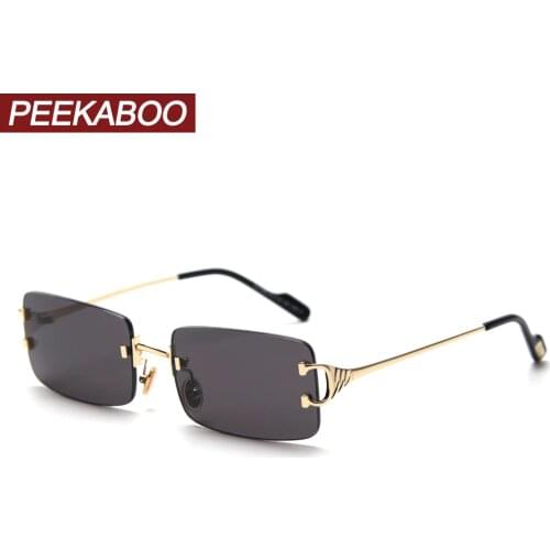 Peekaboo red tinted sunglasses rimless men retro rectangular sun glasses for women 2020 summer green gold metal high quality
