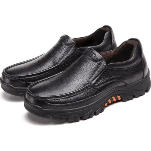 100% Genuine Leather Winter Shoes Men Loafers Warm Plush Cow Leather Men Casual Shoes Male Footwear Black Brown Slip-on KA2088-1