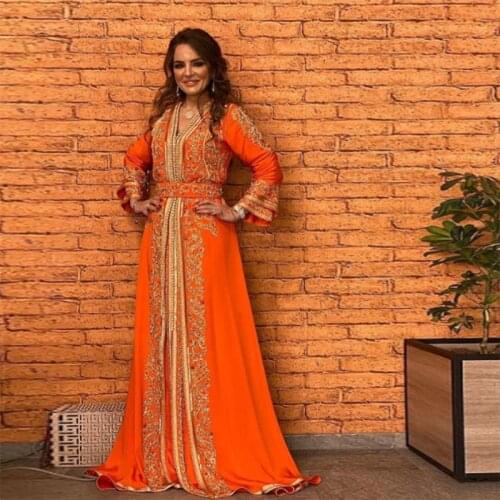Orange Moroccan Caftan vestidos de fiesta Applique Beads Evening Dress Long Sleeves Chiffon Islamic Dubai Saudi Arabic Prom Gown