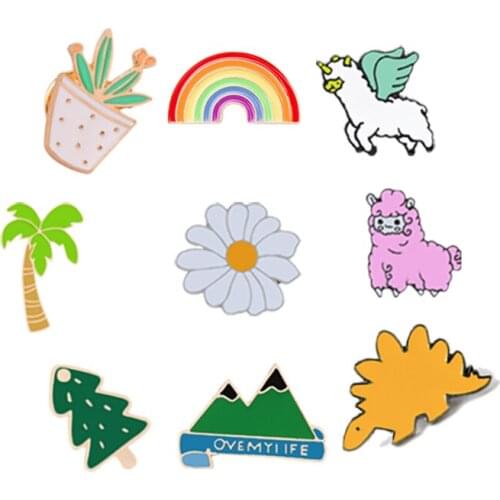 Plant Alpaca Tree Horse Icon Button Badges Cartoon Brooches Enamel Metal Pins Shirts Lapel Pins Womens Jewelry Gifts For Friend