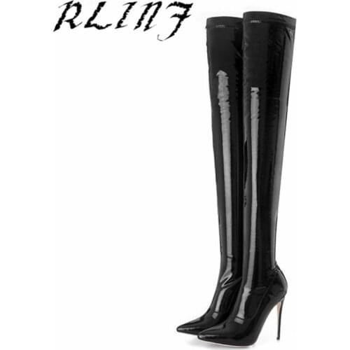 RLINF Size 34-48 2018 Over The Knee Boots Thigh High Boots Over The Knee Boots, Patent Leather Elasticity Boots