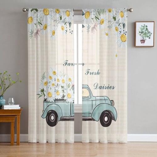 Daisy Truck Vintage Flower Sheer Curtains for Living Room Bedroom Kitchen Tulle for Windows Voile Drapes Home Decoration