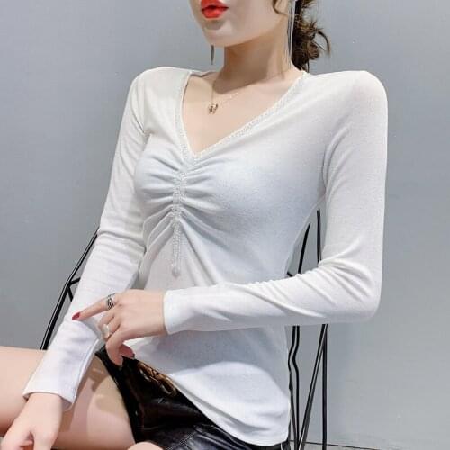 Women T-shirt Spring Autumn Clothes Cotton Long Sleeve Crop Tops Zipper Design Tee Sexy V-Neck Female Slim Black White Tops