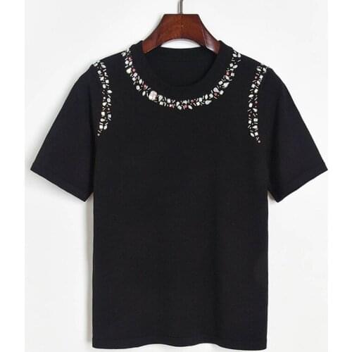 2020 New Summer Women designer rhinestone beading Knitted Sweaters Short sleeve O-Neck Casual Sweater Tops black white JC447