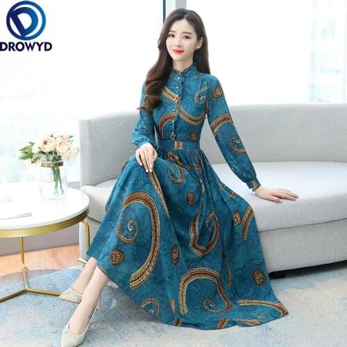 2021 Spring Autumn Print Vintage Maxi Dress Green Print Chiffon Boho Beach Dress Women Casual Party Bodycon Elegant Long Vestido