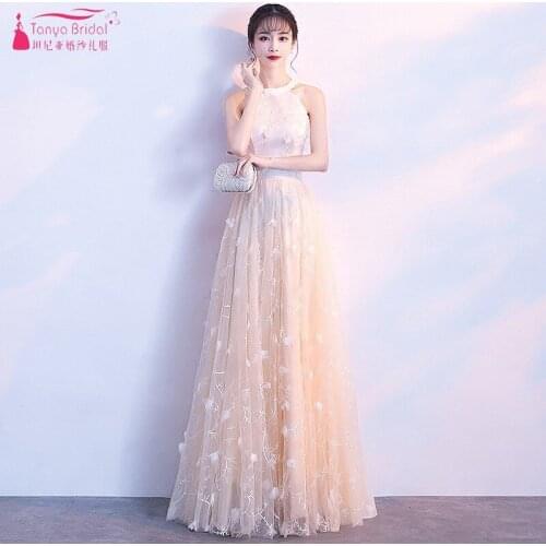 Champagne Prom Dresses Long Style A Line Flowers High Neck Sleeveless Formal Lady Evening Dress Gown Simple JQ259