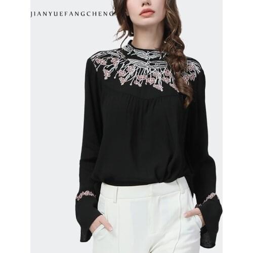 100% Viscose Black Embroidered Women Blouse Flared Long Sleeve O-Neck Loose Spring Tops Fashion Vintage Female Bottoming Shirts