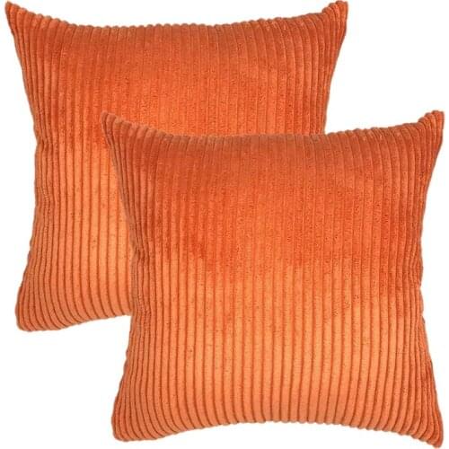 Pack of 2 Corduroy Soft Velvet Striped Solid Square Throw Pillow Covers Cushion Cases 18 X 18 Inch Orange