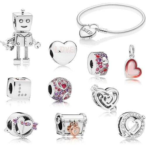 2019 NEW 100% 925 Sterling Silver Valentines Day Rob Bot CLUB Dice Sparkling Arrow Charm Loved Heart Clip Pendant Bracelet Gift