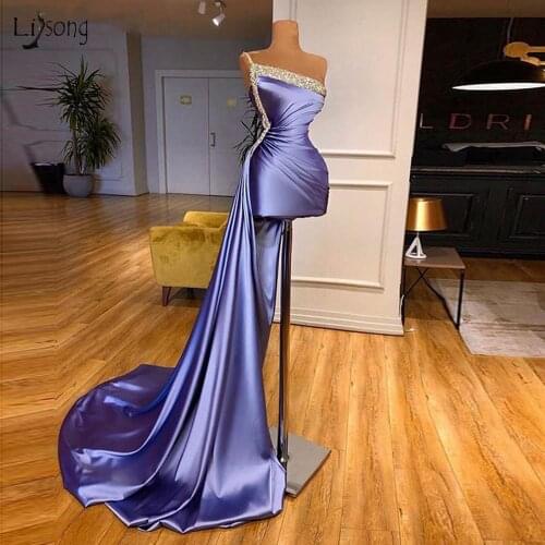 Long Evening Dresses 2020 New Arrival One Shoulder Luxury Beads Mini Prom Dress Dubai Arabic Women Violet Formal Evening Gowns