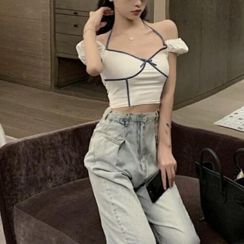 WOMENGAGA Low-cut Off Shoulder Contrast Splicing Line Hot Girl Sexy Summer Open Navel Slim Camisole Tops Women OZ7R