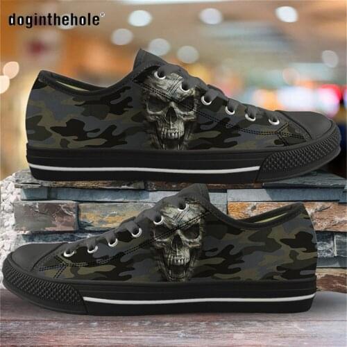 Doginthehole Womens Shoes 2020 Camouflage Skull Printed Low Top Canvas Shoes For Women Lace-up Fashion Ladies Flats Shoes