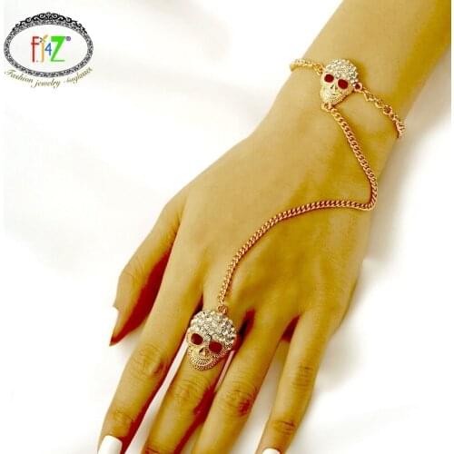 F.J4Z 2021 Trend Gothic Bracelets for Women Vintage Rhinestone Skull Head Hand Chain Lady Finger Jewelry Dropship