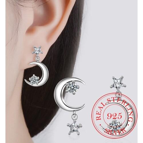 Hot New Asymmetry 925 Sterling Silver Shiny Star Moon Tassel Micro Inlay Earrings Simple Temperament Niche Design High Quality