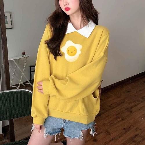 Kawaii Sweatshirt Women Cute Egg Print Kawaii Hoodies Female Candy Colors Long Sleeve Top Women Anime Round Neck Pocket Top