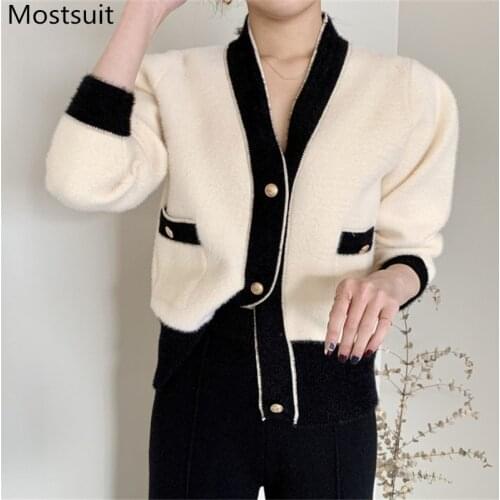 Korean Elegant Furry Knitted Women Cardigans Sweaters 2020 Winter Vintage V-neck Full Sleeve Single-breasted Color-blocked Tops