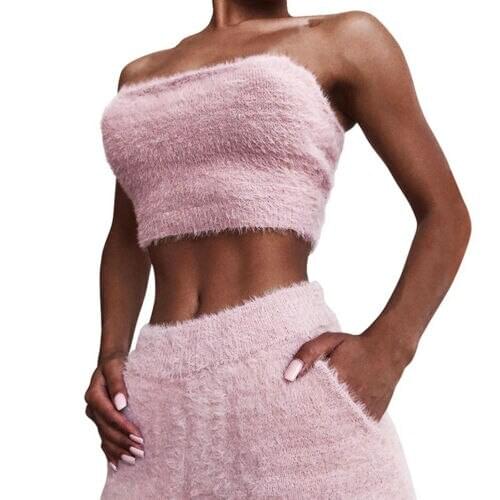 Summer Sexy Womens Wool Sleeveless Strapless Tops & Elastic Waist Shorts Set Solid Female Casual Short Suits 3 Colors