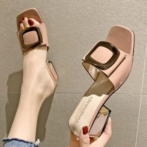 Summer Women Shoes Slippers Fashion Metal Buckle Ladies Mules Slides High Heels Pumps Women Casual Slippers