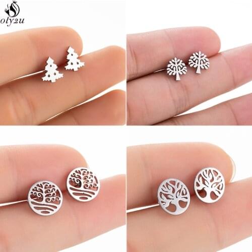 Oly2u Trendy Christmas Tree Stud Earrings Vintage Life of Tree Stainless Steel Earrings for Women Girls Fashion Jewelry Gift
