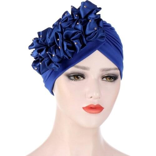 New Fashion Big Flower Turban Muslim Scarf for Woment Wrinkle Scarf Turban Hats Headwrap for Female Party Cap Wear