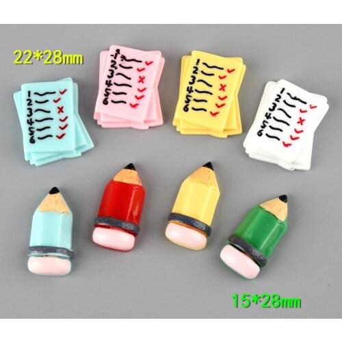 Newest Colorful Resin Cabochons Kawaii Book Pencil Shape Flatback Embellishments Scrapbooking Phone Shell Bow Center Charm DIY