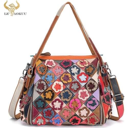New Multi-Colorful Real Leather Luxury Brand Ladies Flower Shopper Purse Handbag Over The Shoulder bag Women Design Tote bag 625