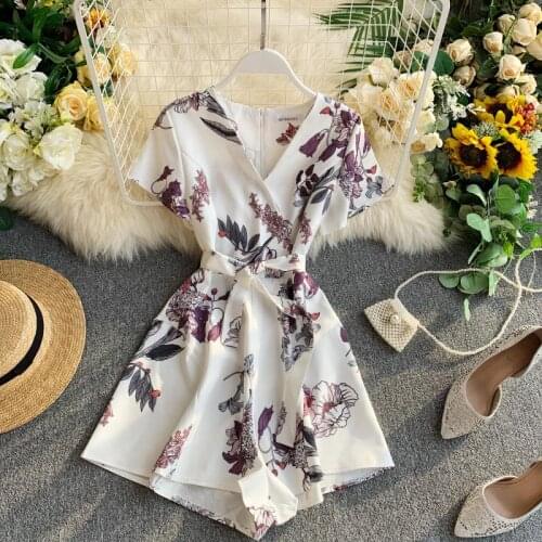 New Vintage Women Chiffon Playsuit Flower Printed V-neck High-waisted Loose Wide-Leg Shorts Overalls Ladies Floral Romper