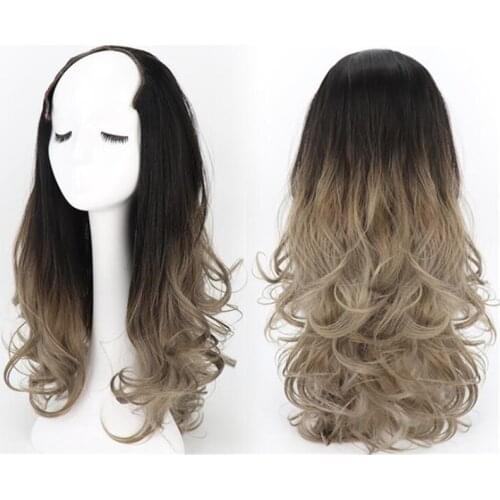 Hywamply 22inch Long Wavy Synthetic U Shaped Wigs for Women Black Brown Ombre 3/4 Half Wigs Hair Piece Extensions Daily Use