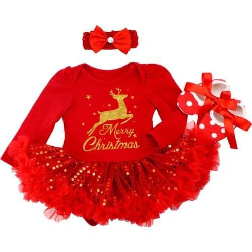 Baby Girls My First Christmas Dress,Bebe Red Sequins Tree Deer Socks Outfits Costume for Newborn Infant 1st New Year Clothes 9M