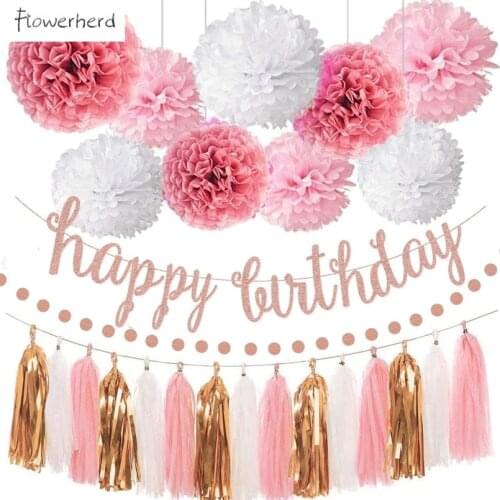 Pink Rose Gold Birthday Party Decorations Set Glittery Happy Birthday Banner Tissue Paper Pom Circle Dots Garland Tassel Garland