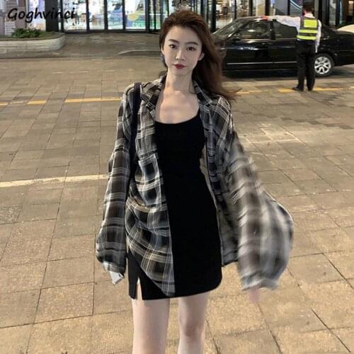 Shirts Women Plaid Plus Size 3XL Baggy Shirt Elegant Daily Outwear Chiffon Blouses Summer Sun-proof Casual Trendy Female Ulzzang