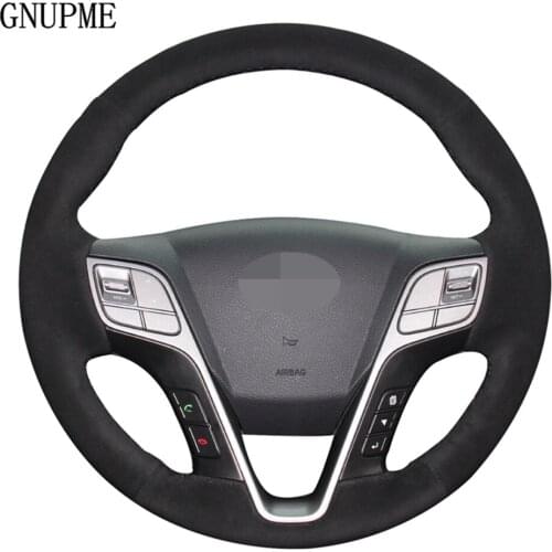 DIY Black Genuine Leather Suede Car Steering Wheel Cover For Hyundai Santa Fe 2013-2018 ix45 2013 2014 2015 2016