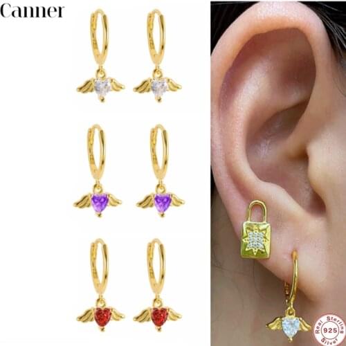 Canner 925 Sterling Silver Elegant Cute Angel Heart Shape Hoop Earrings Shiny CZ Women Engagement Wedding Accessories Jewelry