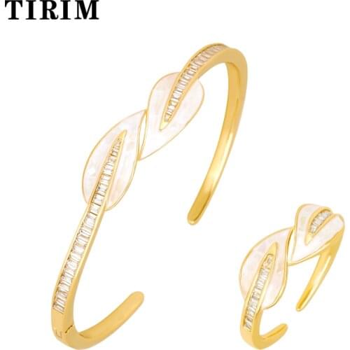 TIRIM Exquisite Leaf Shape Ring Sets Abalone Shell Zircon Bangle Cuff Bracelet Fashion Jewelry for Women Adjustable Free Size