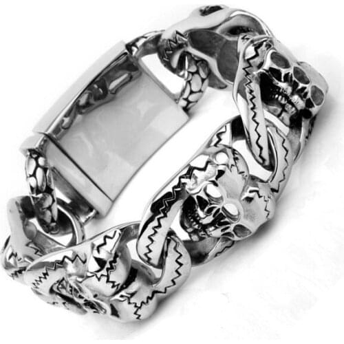 Punk Heavy Retro Double Skull Bracelet Mens Hiphop Stainless Steel Skeleton Motorcycle Bracelets Bangles Biker Jewelry Pulseras