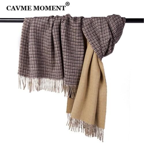 CAVME Thicken Plaid Wool Scarf for Men Winter Woolen Long Scarves Women Ladies Tassels Khaki Gray Big Wraps Shawl