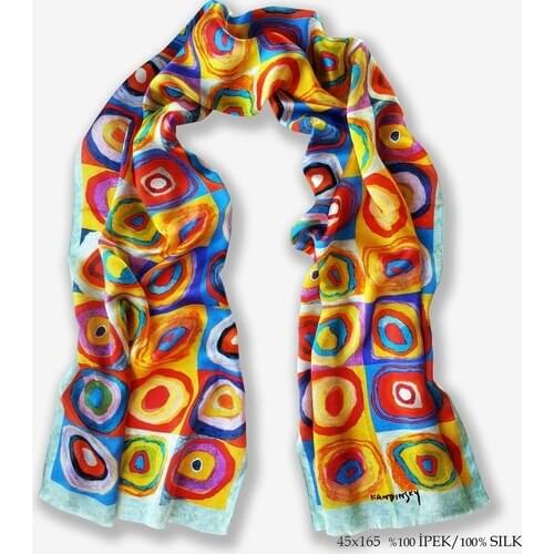 Galiga 100% Bursa Silk Scarf Color Study Fashion Women Colorful Circles Neck Wrap Blue Orange Red Hijab Made In Turkey 165x45 CM