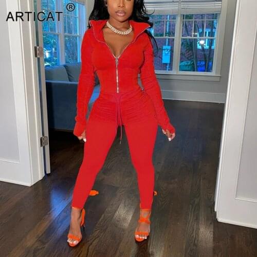 Articat Casual Two Pieces Set Women Zipper Short Tops Long Pants Tracksuit 2020 Winter Solid Clothes Bodycon Sets For Ladies