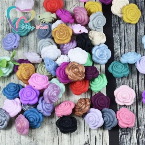 30PCS Mini Rose Silicone Flower Baby Teether Beads BPA Free Newborn Teething Necklace Accessory DIY Infant Nipple Pacifier Chain