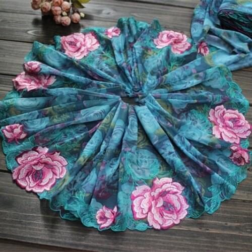 7.48"19cm(3yards/lot) Embroidered Floral Elastic Printed Tulle Lace Trim~Green+Rose Red