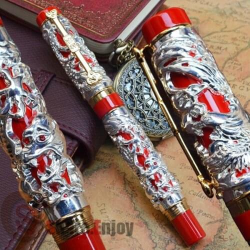 JINHAO NOBLEST DRAGON AND PHOENIX RED AND SILVER 18KGP FINE NIB FOUNTAIN PEN