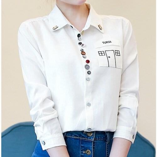 Outono de 2019 Casual Mulheres Chiffon Blusas Manga Comprida Turn-down Collar Moda Feminina Roupas Femininas Camisas