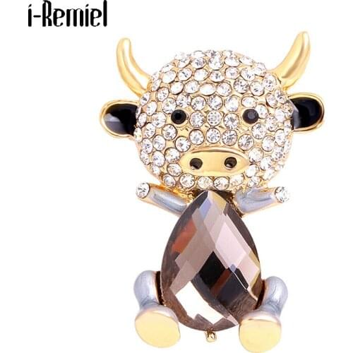 2021 New Year Zodiac OX Bull Brooches Enamel Pin for Women Zircon Crystal Luxury Jewelry Rhinestone Sweater Coat Pins Backpacks