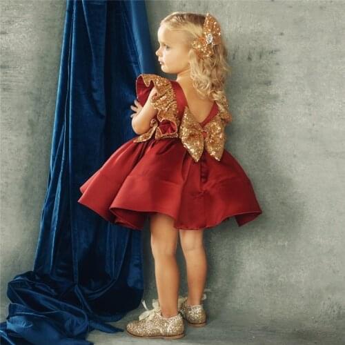 Kids Baby Girl Formal Dress Fly Sleeve Backless Princess Dress Sequins Bow Christmas Birthday Wedding Party Dress 6M-5Y
