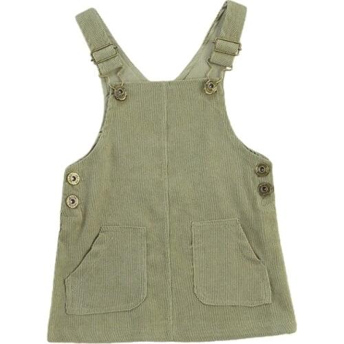 Baby Girls Solid Corduroy Suspenders Skirt Adjustable Straps Corduroy Short Dress with Two Pockets in Front