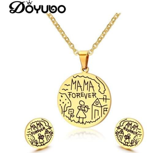 DOYUBO Hot Sale Gold Color Stainless Steel Round Circle Pendant Necklace & Earrings Jewelry Sets Mother Gift Accessories DG017