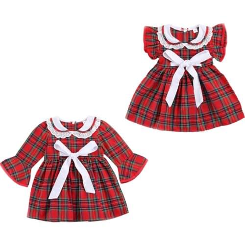 FOCUSNORM Christmas 1-6Y Girls Party Dress Plaid Print Ruffles Sleeve Lace Peter Pan Collar A-Line Dress