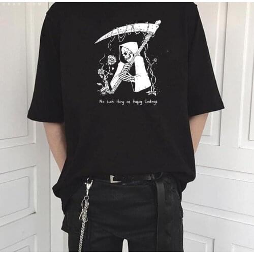 Women’s Black Printed Happy Ending T Shirt Vintage Sketelon With Flower Gothic Punk Oversized T Shirts Unisex Man Tops Clothes