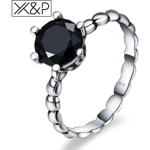 X&P European American style silver Color 6 Prong Setting Black Crystal Zircon Rings for Women Wedding Party Femme Ring Jewelry