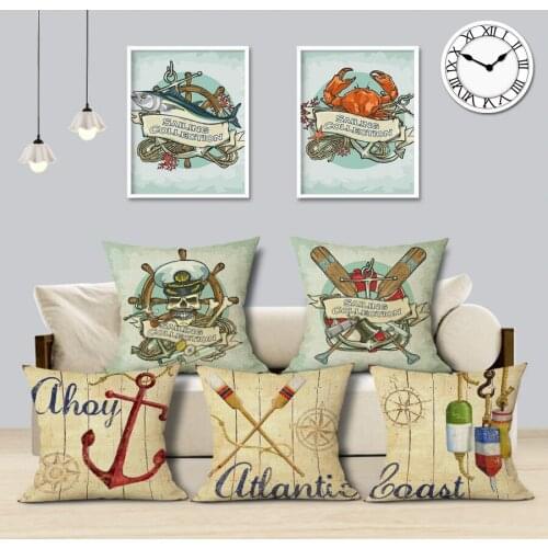 Cheap Linen Cotton Summer Ocean Style Marine Pillow Throw 45Cmx45Cm Square Bedside 1 Side Printing Cushion Pillow Case Cover